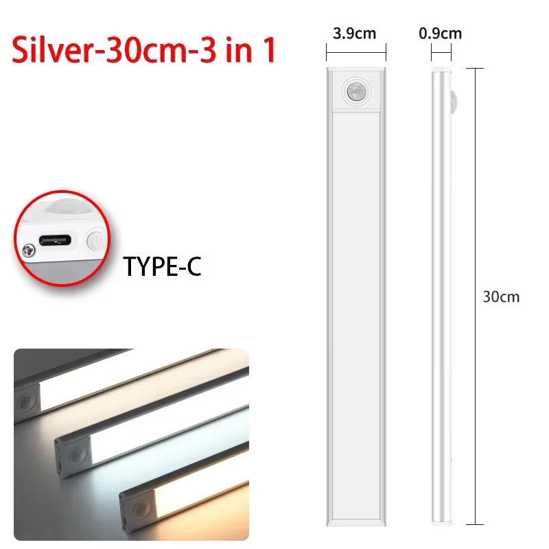 LED Night Light Motion Sensor Wireless USB Cabinet Night Light Wardrobe Lamp for Kitchen Cabinet Bedroom Wardrobe 20/30/40/60CM