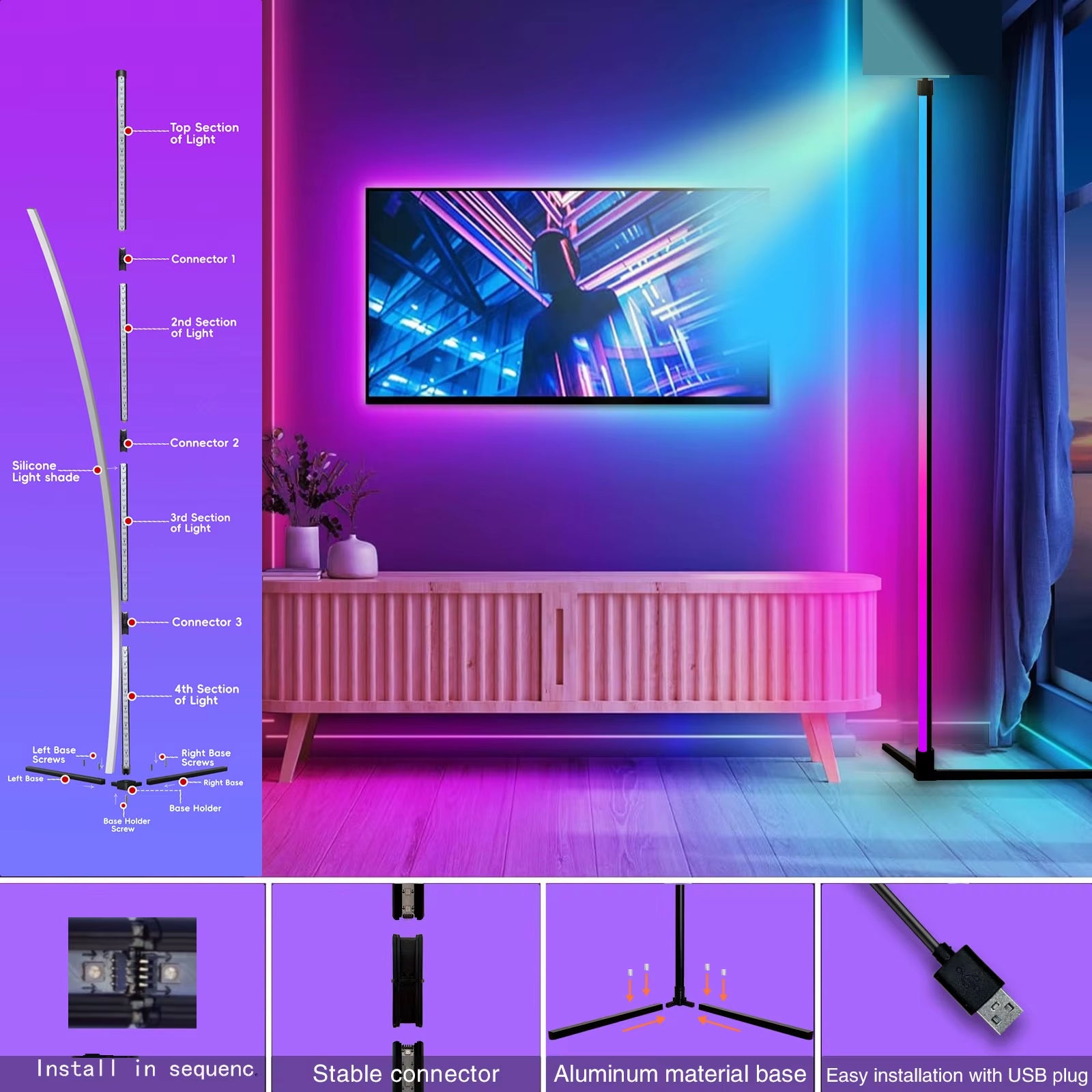 RGB Dream Color Floor Lamp with Music Sync Modern 16 Million Color Changing Standing Mood Light for Bedroom Living Room