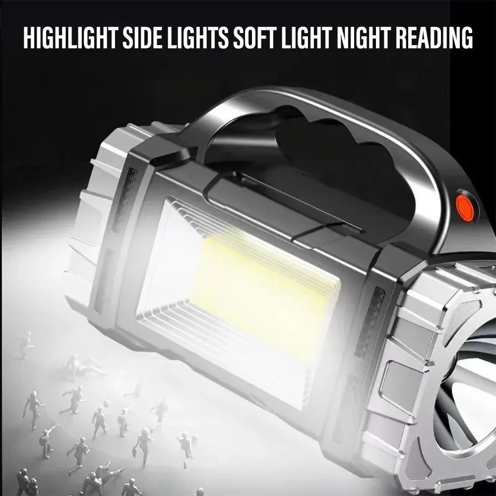 2024 Powerful LED Flashlight Usb+Solar Rechargeable Flashlight COB Outdoor Camping Torch Portable Searchlight Power Bank Outdoor