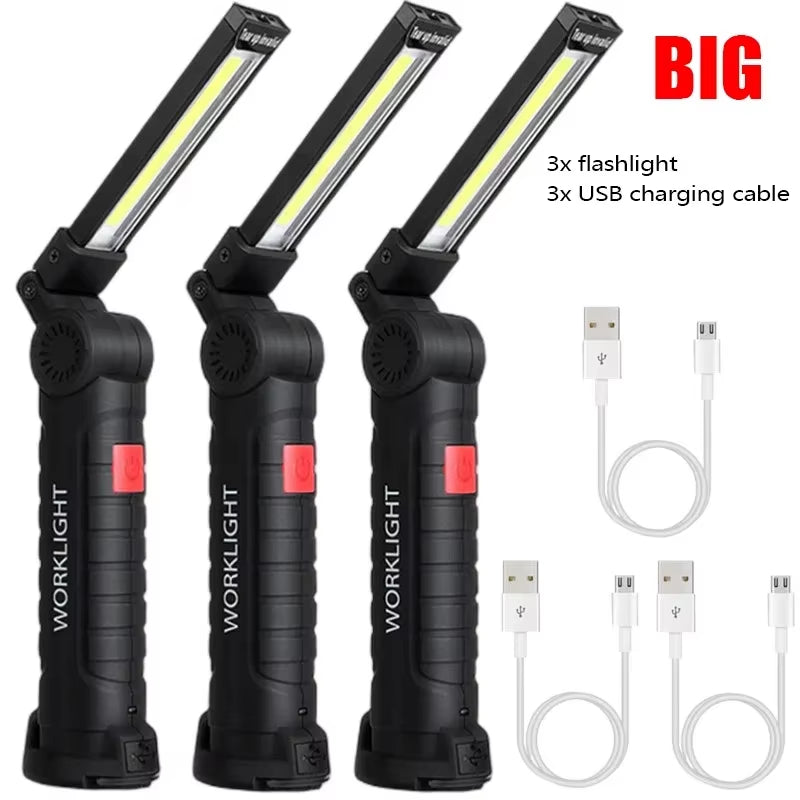 New Portable COB LED Flashlight USB Rechargeable Work Light Magnetic Lanterna Hanging Lamp with Built-In Battery Camping Torch