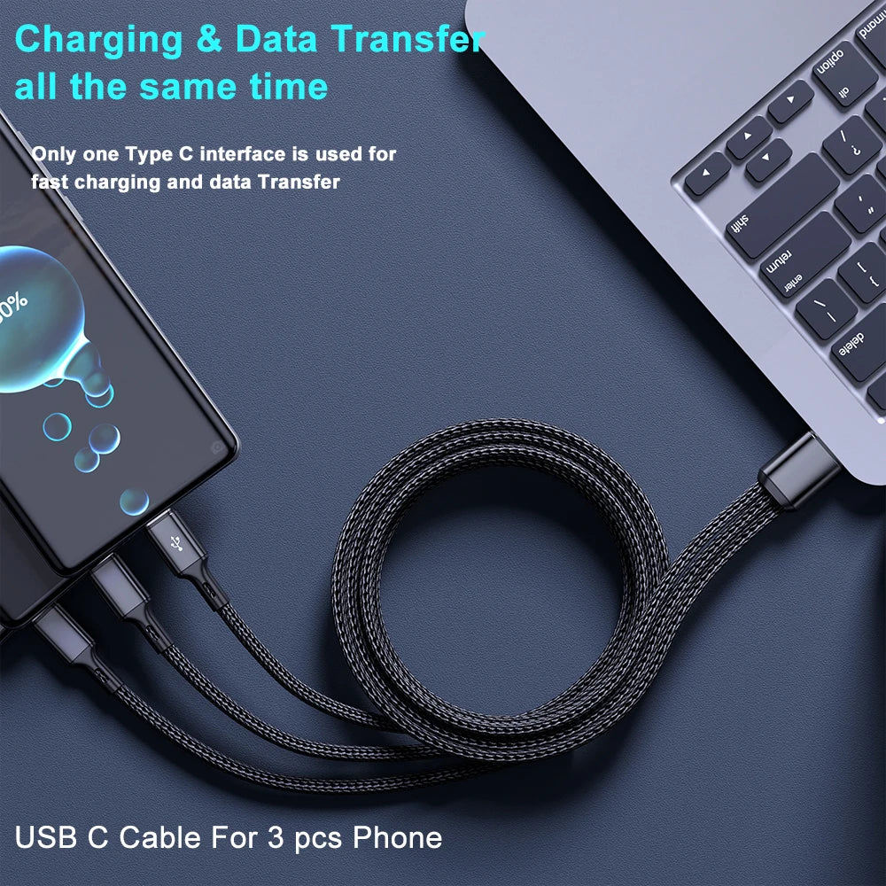 3 In1 USB to 3×Type - C Cable 100W 6A Fast Charge for Samsung S24 Xiaomi Huawei Android Phone Usb C High-Speed Data Transmission