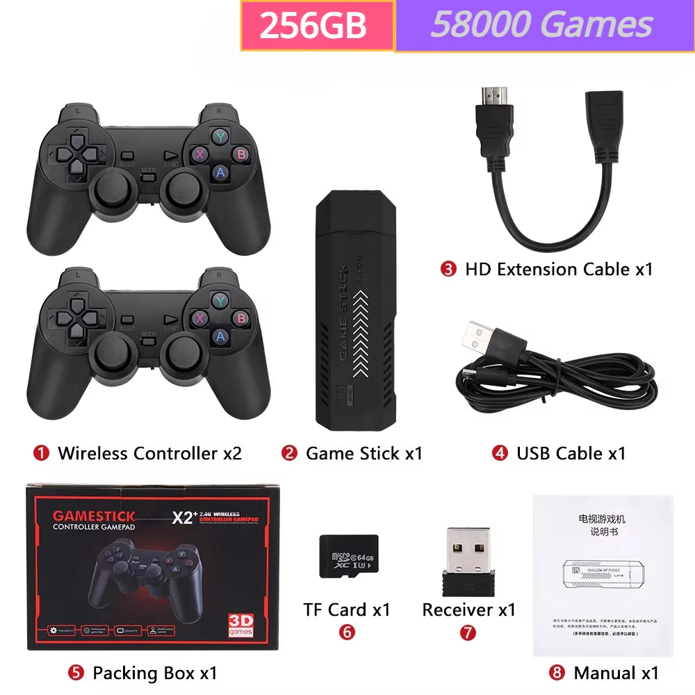 256G 58,000 Games GD10 plus Game Stick 4K HD Video Game Console 2.4G Double Wireless Controller Game Stick for N64/PSP/PS1/GBA