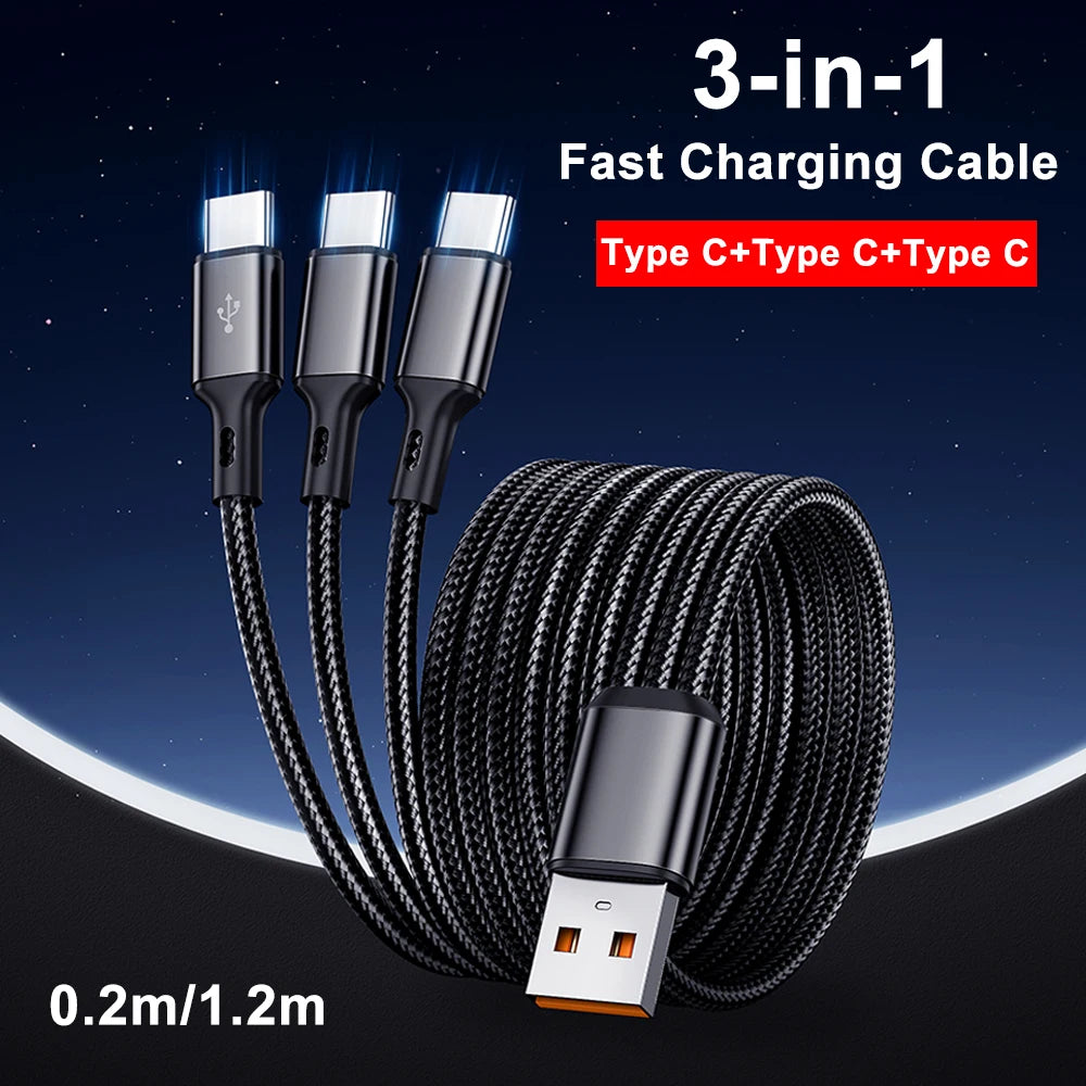 3 In1 USB to 3×Type - C Cable 100W 6A Fast Charge for Samsung S24 Xiaomi Huawei Android Phone Usb C High-Speed Data Transmission