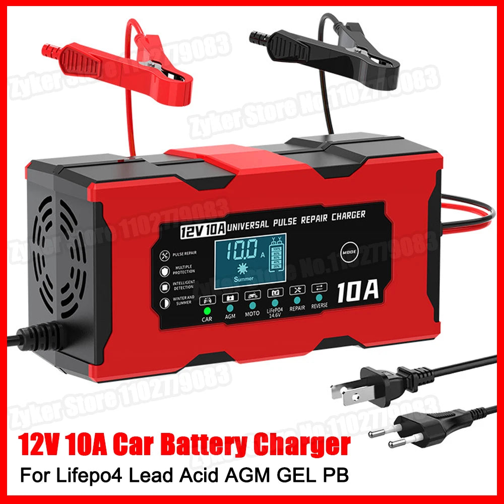 12V 10A Car Battery Charger Smart Electric Motorcycles Charger for Lifepo4 Lead Acid AGM GEL PB 14.6V 10A Lithium Battery Repair