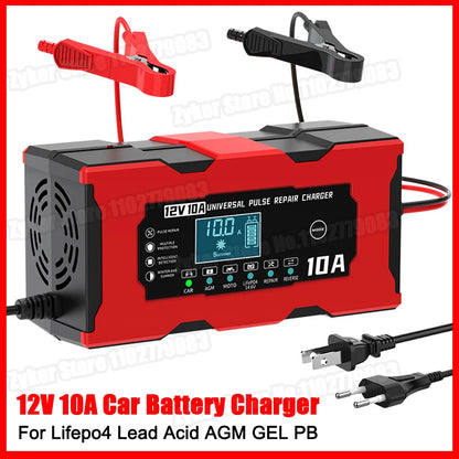 12V 10A Car Battery Charger Smart Electric Motorcycles Charger for Lifepo4 Lead Acid AGM GEL PB 14.6V 10A Lithium Battery Repair