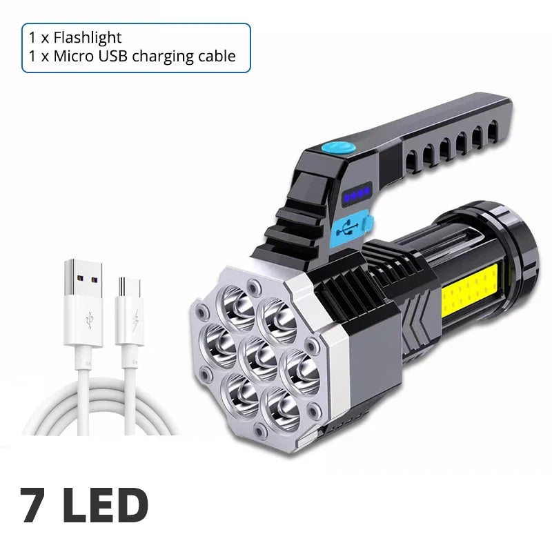 High Power Rechargeable Led Flashlights 7LED Camping Torch with Cob Side Light Lightweight Outdoor Lighting ABS Material