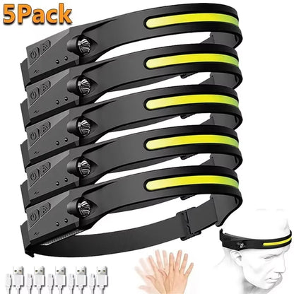 Sensor Headlamp LED Head Flashlight Rechargeable Headlight Head Torch Built-In Battery 5 Lighting Modes Fishing Camping Lantern