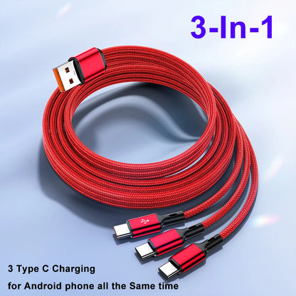 3 In1 USB to 3×Type - C Cable 100W 6A Fast Charge for Samsung S24 Xiaomi Huawei Android Phone Usb C High-Speed Data Transmission