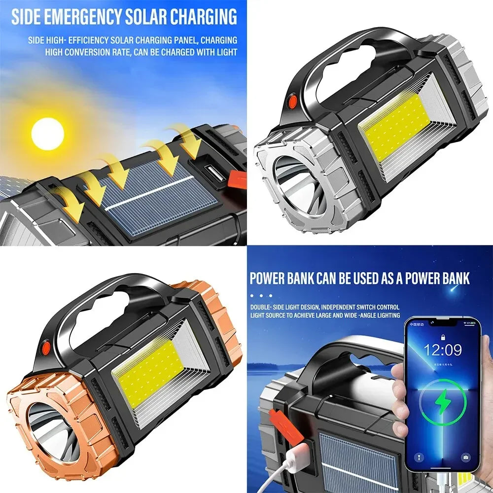 2024 Powerful LED Flashlight Usb+Solar Rechargeable Flashlight COB Outdoor Camping Torch Portable Searchlight Power Bank Outdoor