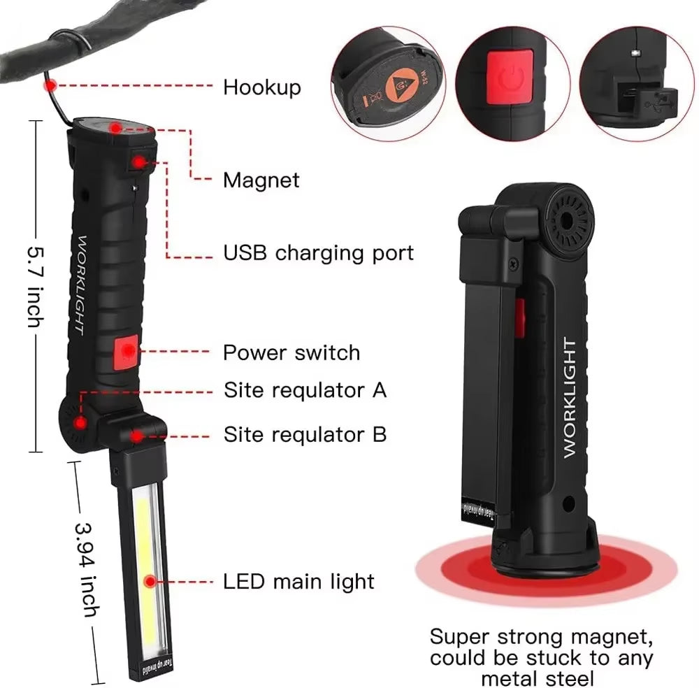New Portable COB LED Flashlight USB Rechargeable Work Light Magnetic Lanterna Hanging Lamp with Built-In Battery Camping Torch