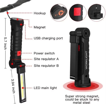 New Portable COB LED Flashlight USB Rechargeable Work Light Magnetic Lanterna Hanging Lamp with Built-In Battery Camping Torch