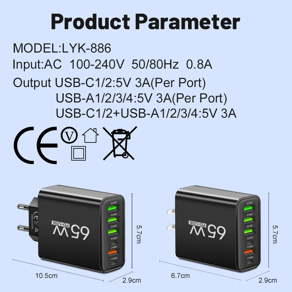 USB Charger 65W Mobile Phone Charger Fast Charging for Xiaomi Samsung Huawei P70 Travel Charger Adaptor for Iphone Quick Charger