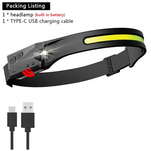 Sensor Headlamp LED Head Flashlight Rechargeable Headlight Head Torch Built-In Battery 5 Lighting Modes Fishing Camping Lantern