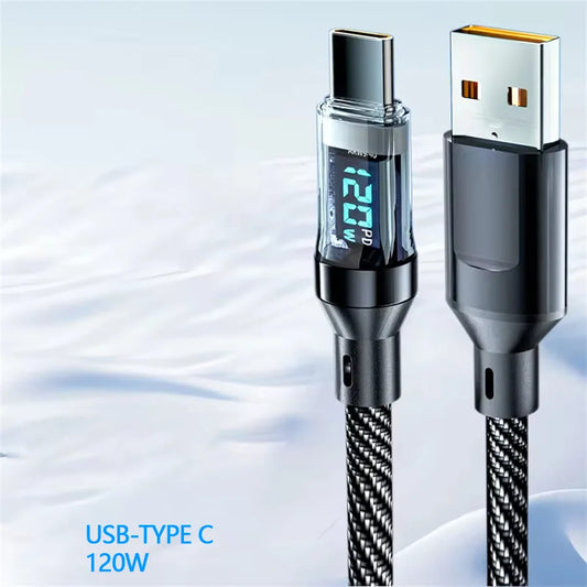 120W USB to Type C Cable Phone Super Fast Charging Cable 100W Type-C to Type-C Data Cord with LED Display for Huawei Oppo Vivo ﻿
