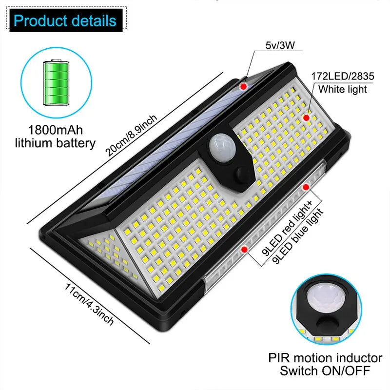 190Led Solar Led Light Outdoor Garden Decoration Wall Lamp with 4 Mode IP65 Waterproof Solar Motion Sensor Light for Yard Door