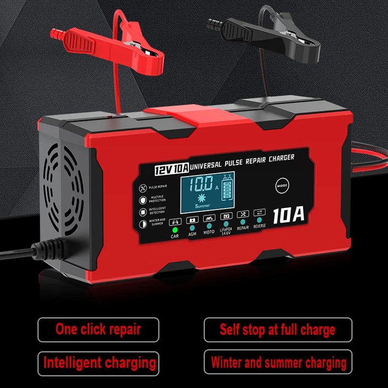 12V 10A Car Battery Charger Smart Electric Motorcycles Charger for Lifepo4 Lead Acid AGM GEL PB 14.6V 10A Lithium Battery Repair