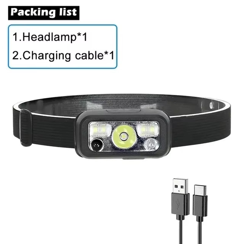 Sensor Headlamp LED Head Flashlight Rechargeable Headlight Head Torch Built-In Battery 5 Lighting Modes Fishing Camping Lantern