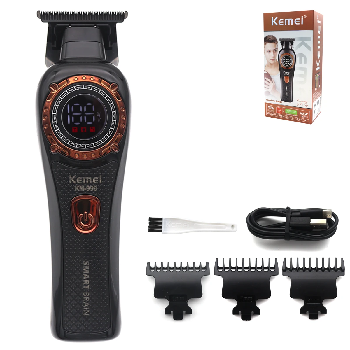 KM-999 Hair Trimmer for Men DLC T-Blade Zero Gapped LED Display Cordless USB Professional Hair Clipper Finishing Machine