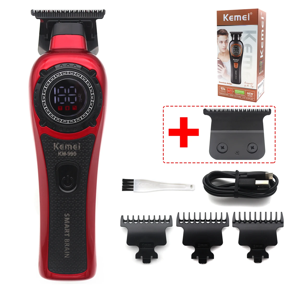 KM-999 Hair Trimmer for Men DLC T-Blade Zero Gapped LED Display Cordless USB Professional Hair Clipper Finishing Machine