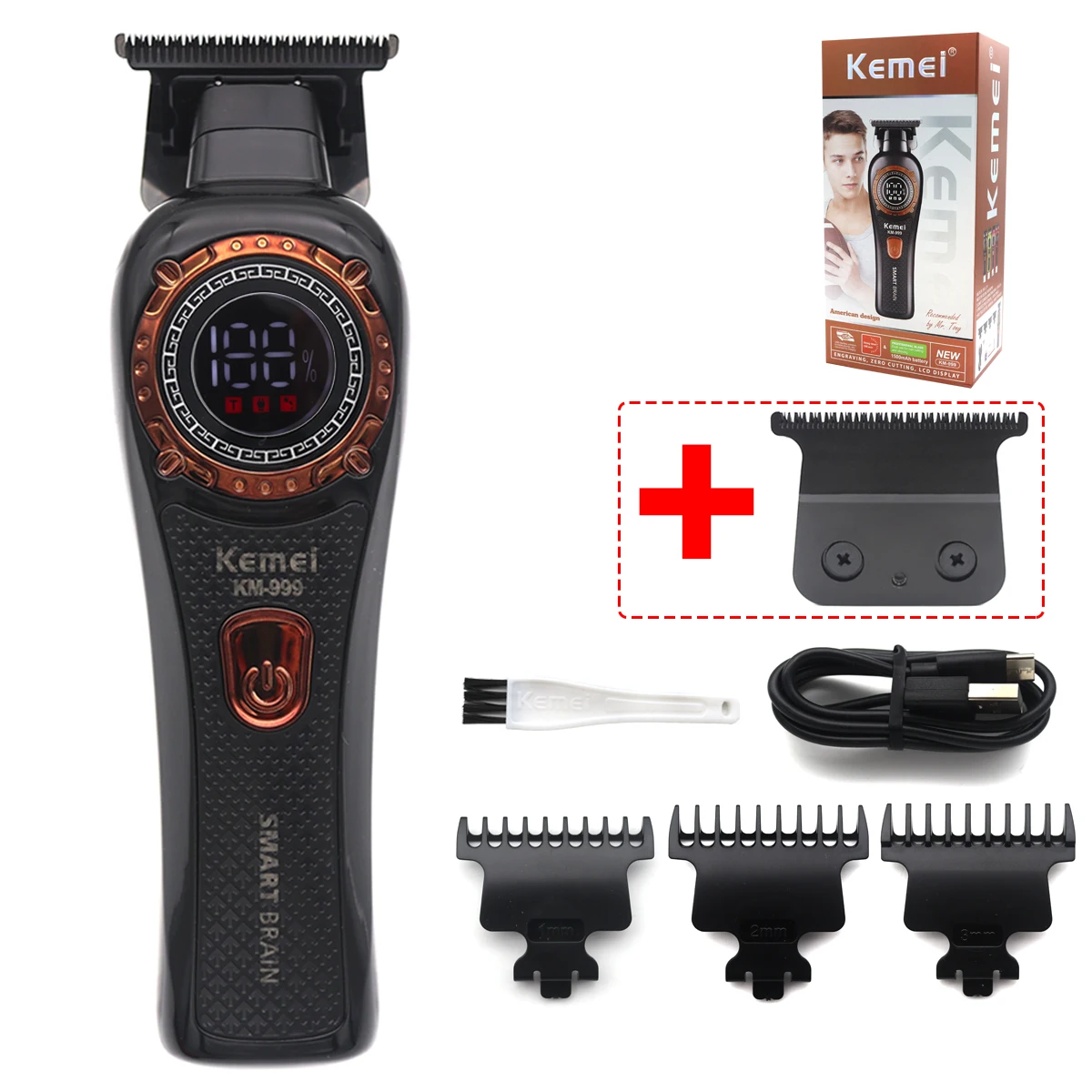 KM-999 Hair Trimmer for Men DLC T-Blade Zero Gapped LED Display Cordless USB Professional Hair Clipper Finishing Machine