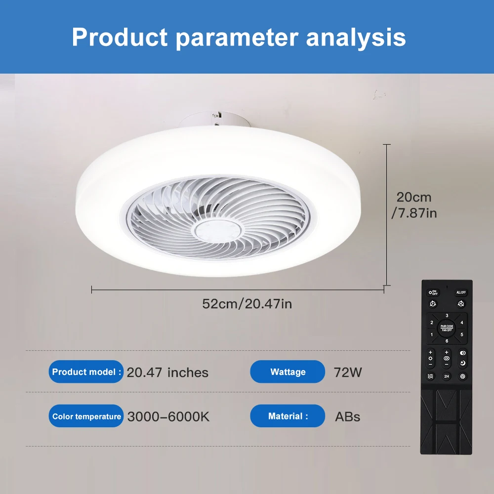 Smart Ceiling Fan Fans with Lights Remote Control Bedroom Decor Ventilator Lamp 52Cm Air Invisible Blades Silent