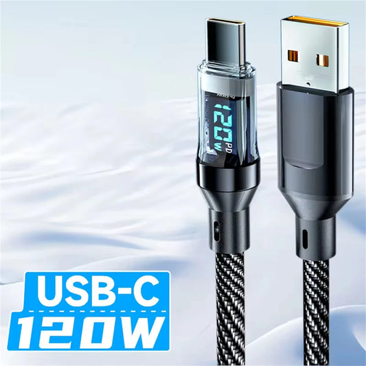 120W USB C Cable Super Fast Charging Type C Digital Display Phone Charge Data Cord for Xiaomi Samsung Huawei
