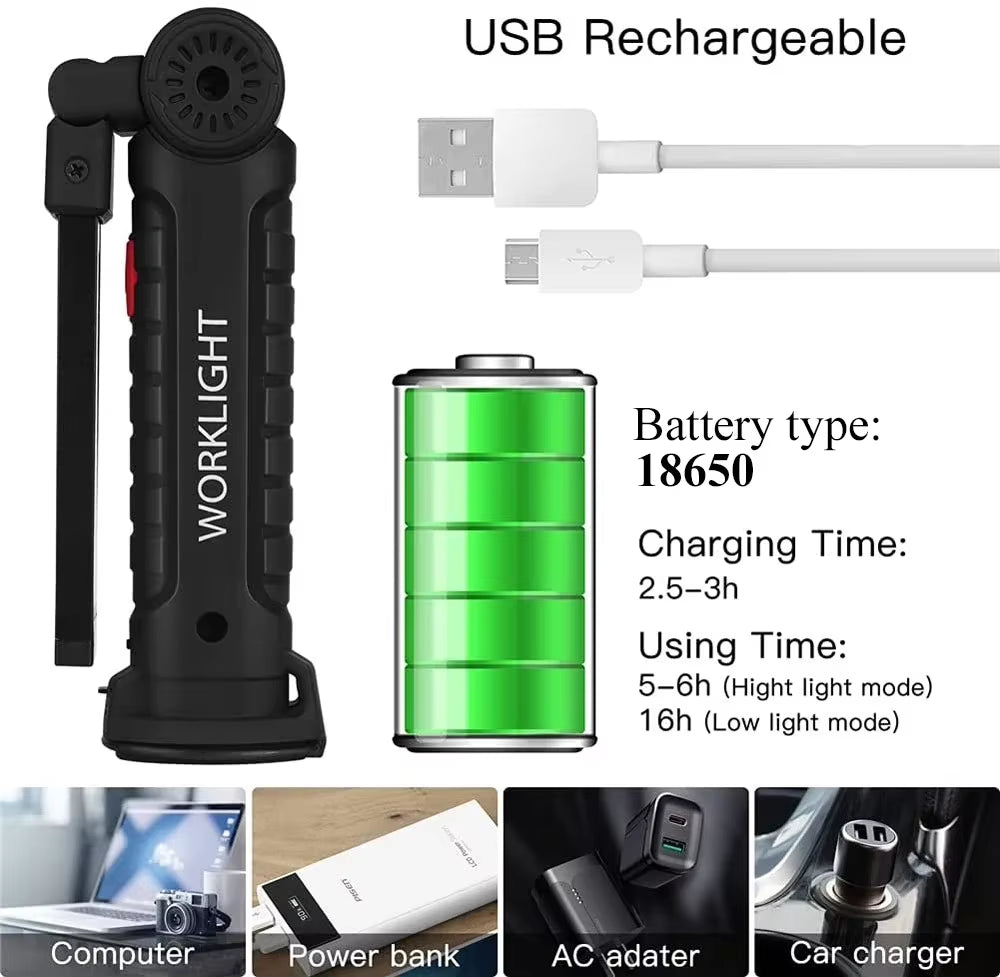 New Portable COB LED Flashlight USB Rechargeable Work Light Magnetic Lanterna Hanging Lamp with Built-In Battery Camping Torch