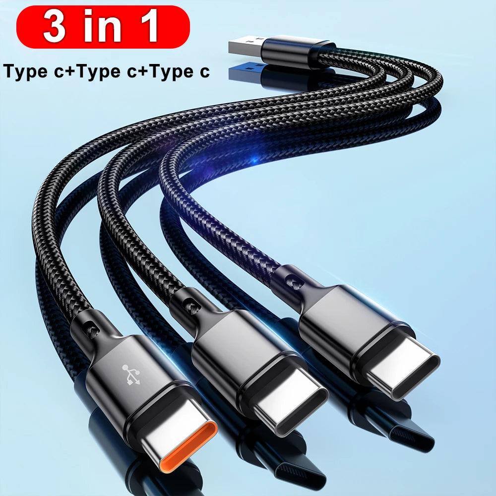 3 In1 USB to 3×Type - C Cable 100W 6A Fast Charge for Samsung S24 Xiaomi Huawei Android Phone Usb C High-Speed Data Transmission
