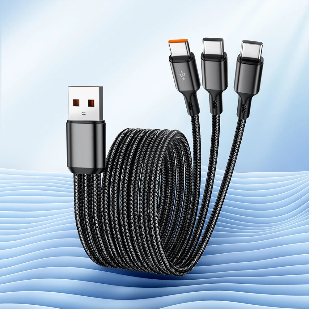 3 In1 USB to 3×Type - C Cable 100W 6A Fast Charge for Samsung S24 Xiaomi Huawei Android Phone Usb C High-Speed Data Transmission
