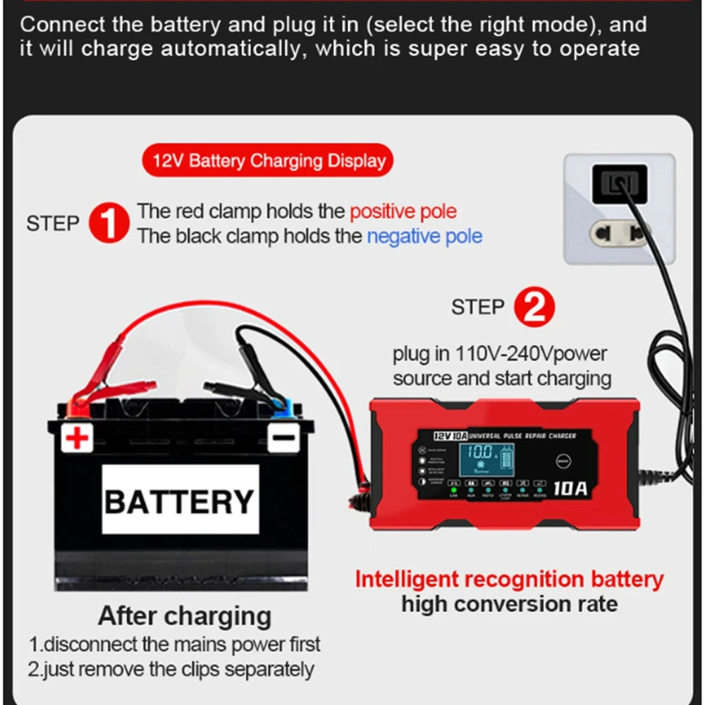 12V 10A Car Battery Charger Smart Electric Motorcycles Charger for Lifepo4 Lead Acid AGM GEL PB 14.6V 10A Lithium Battery Repair