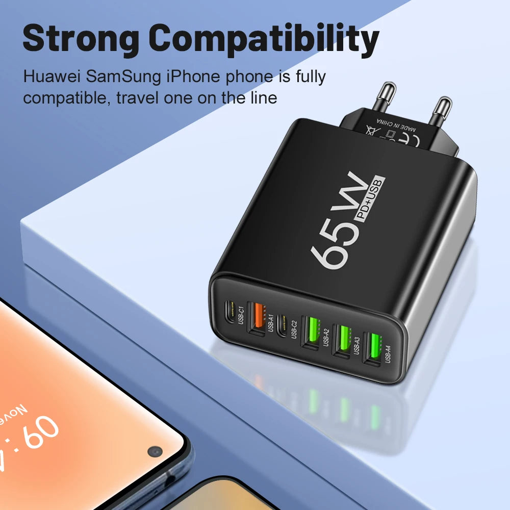USB Charger 65W Mobile Phone Charger Fast Charging for Xiaomi Samsung Huawei P70 Travel Charger Adaptor for Iphone Quick Charger