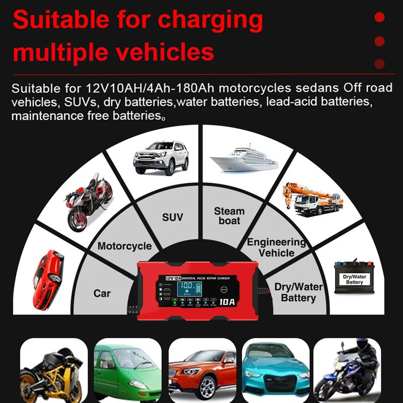 12V 10A Car Battery Charger Smart Electric Motorcycles Charger for Lifepo4 Lead Acid AGM GEL PB 14.6V 10A Lithium Battery Repair