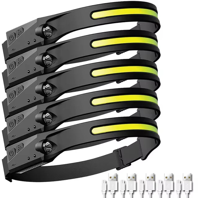 Sensor Headlamp LED Head Flashlight Rechargeable Headlight Head Torch Built-In Battery 5 Lighting Modes Fishing Camping Lantern