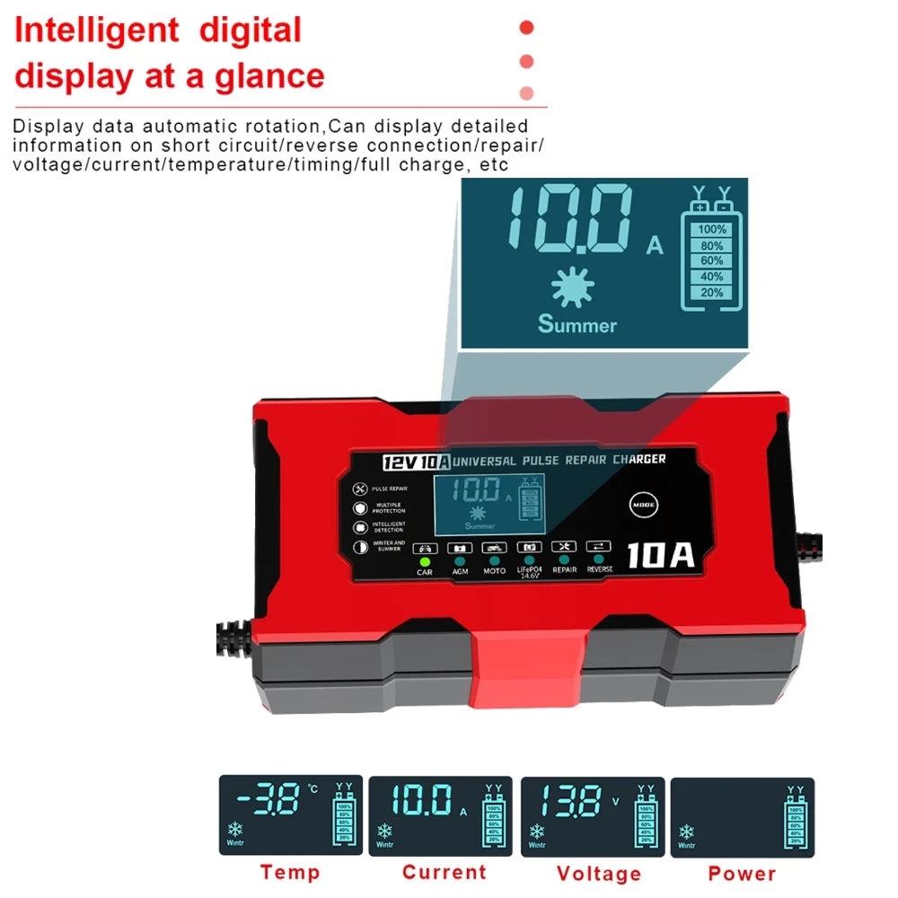 12V 10A Car Battery Charger Smart Electric Motorcycles Charger for Lifepo4 Lead Acid AGM GEL PB 14.6V 10A Lithium Battery Repair