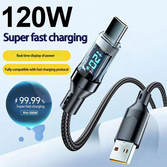 120W USB to Type C Cable Phone Super Fast Charging Cable 100W Type-C to Type-C Data Cord with LED Display for Huawei Oppo Vivo ﻿